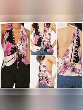 Free People Hot Tropics Tank Top in Dark Combo Floral Halter Tie-Front Boho Top